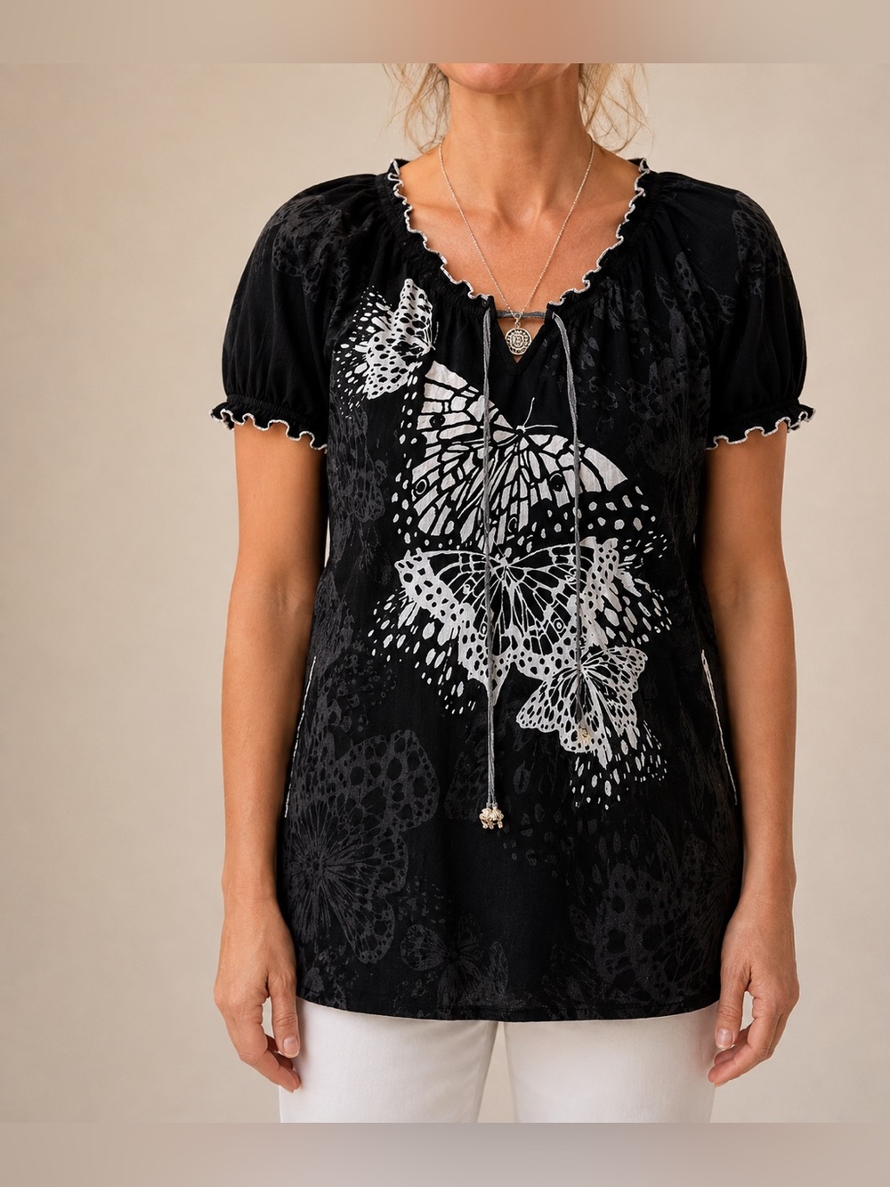 Kai by Kathy Peterson Butterfly Print Cotton Tunic Top | Black White | L Relaxed